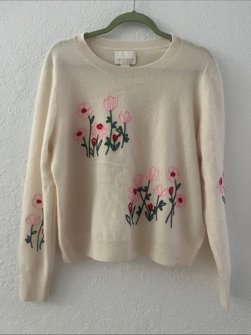 Cynthia Rowley Cream Sweater with Pink Floral Embroidery